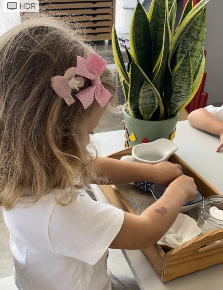 Montessori Education- child concentrates on cleaning a plant 